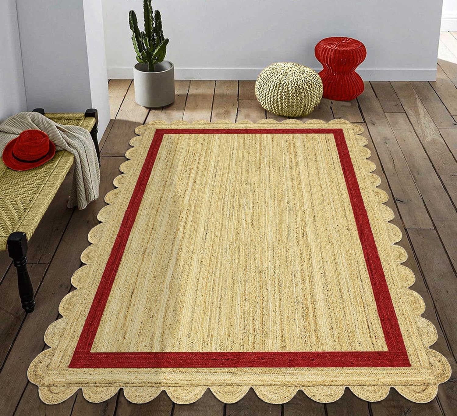 Handmade Scalloped Border Jute Area Rug with Red Border | Rectangular Natural Fiber Rug