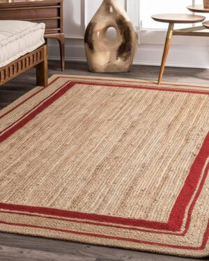Handmade Natural Jute Rug with Red Border | Boho Farmhouse Area Carpet