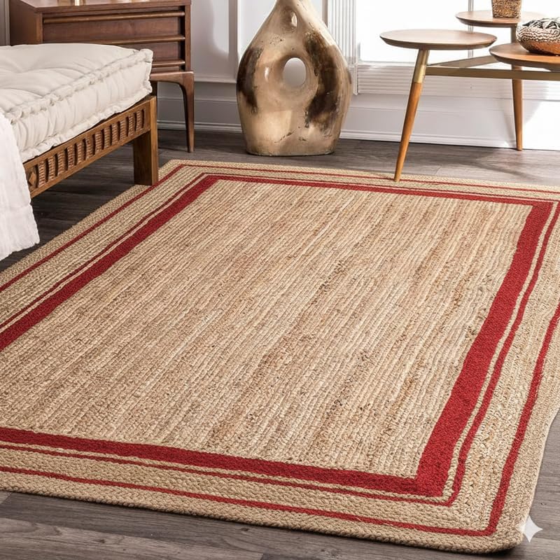 Handmade Natural Jute Rug with Red Border | Boho Farmhouse Area Carpet