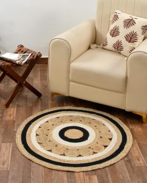Round Floor Area Rug With White And Black Design