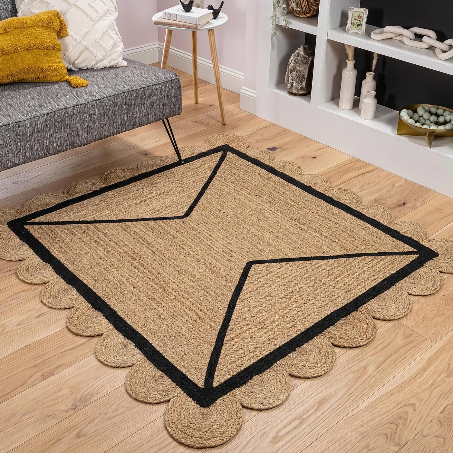 Handmade Scalloped Border Jute Area Rug with Black Geometric Border | Braided Natural Fiber Rug for Living Room Bedroom