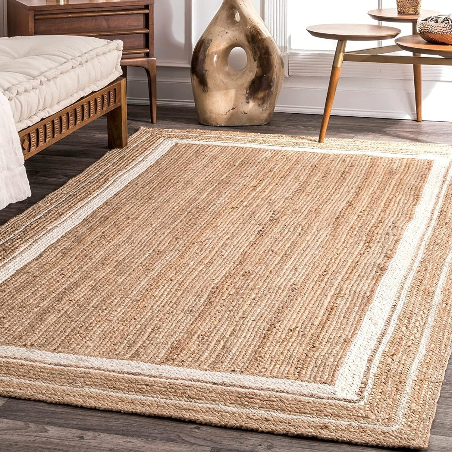 Handmade Natural Jute Rug with White Border | Modern Farmhouse Area Carpet
