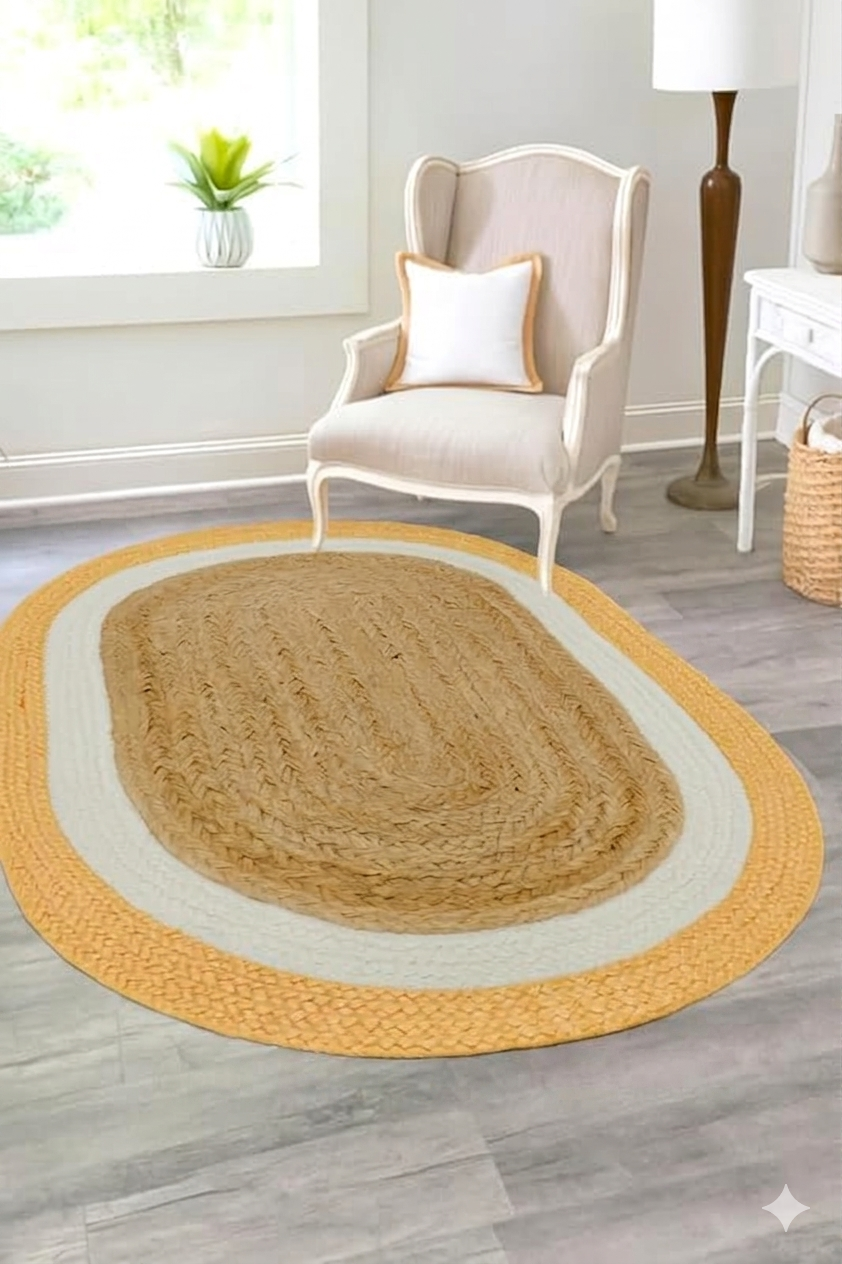 Handwoven Oval Jute Rug with Yellow & White Border | Natural Braided Area Carpet