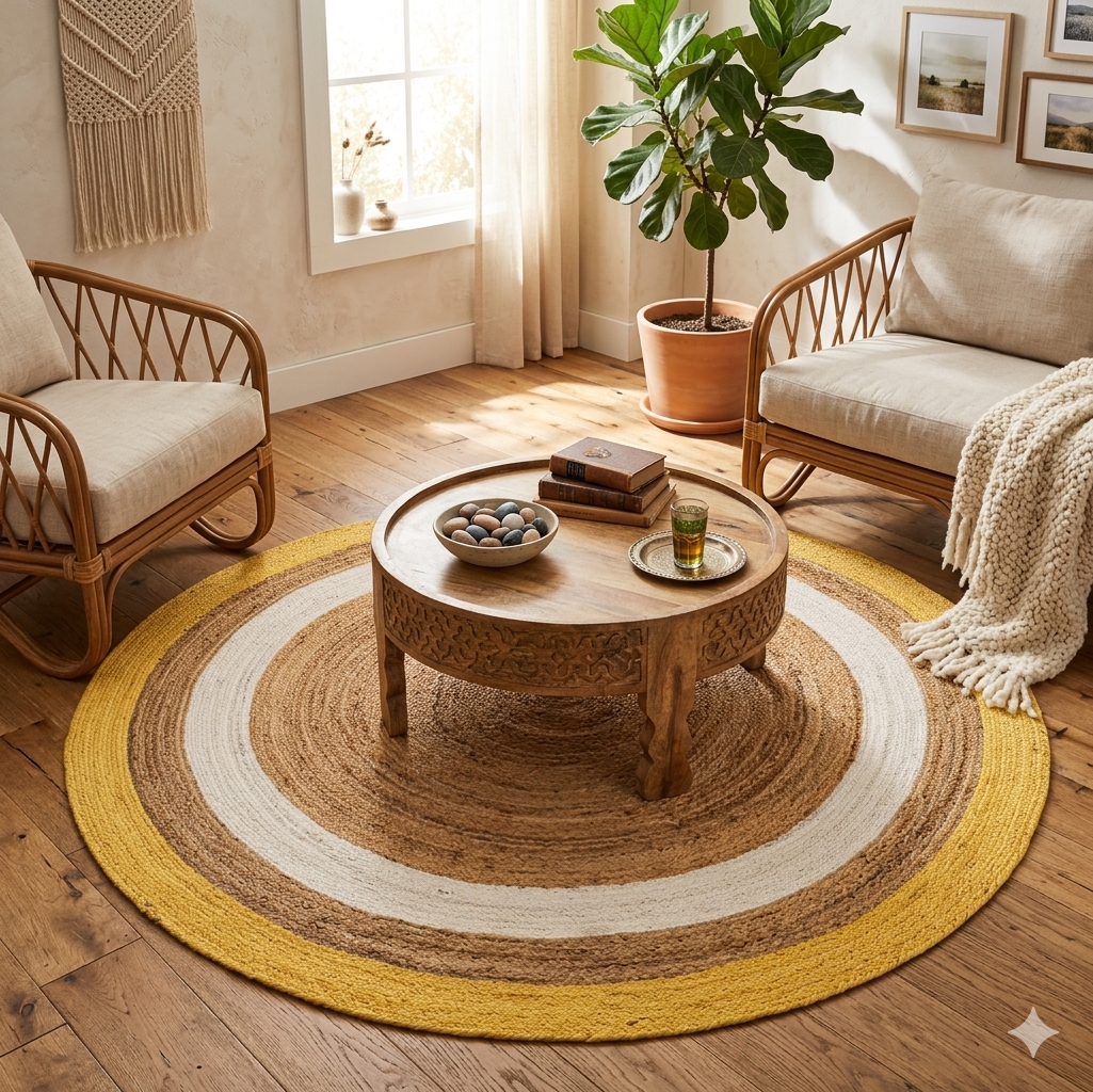 Yellow Border Round Jute Rug ā Handmade Braided Area Rug Yellow Border Round Jute Rug Handmade Braided Natural Fiber Area Rug for Living Room Boho Farmhouse Home Decor
