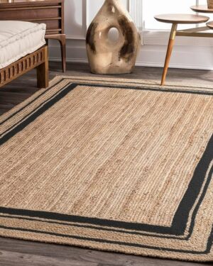 Natural Jute Area Rug with Black Border | Handwoven Boho Carpet