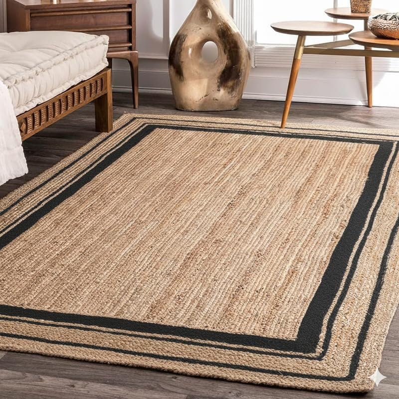 Natural Jute Area Rug with Black Border | Handwoven Boho Carpet