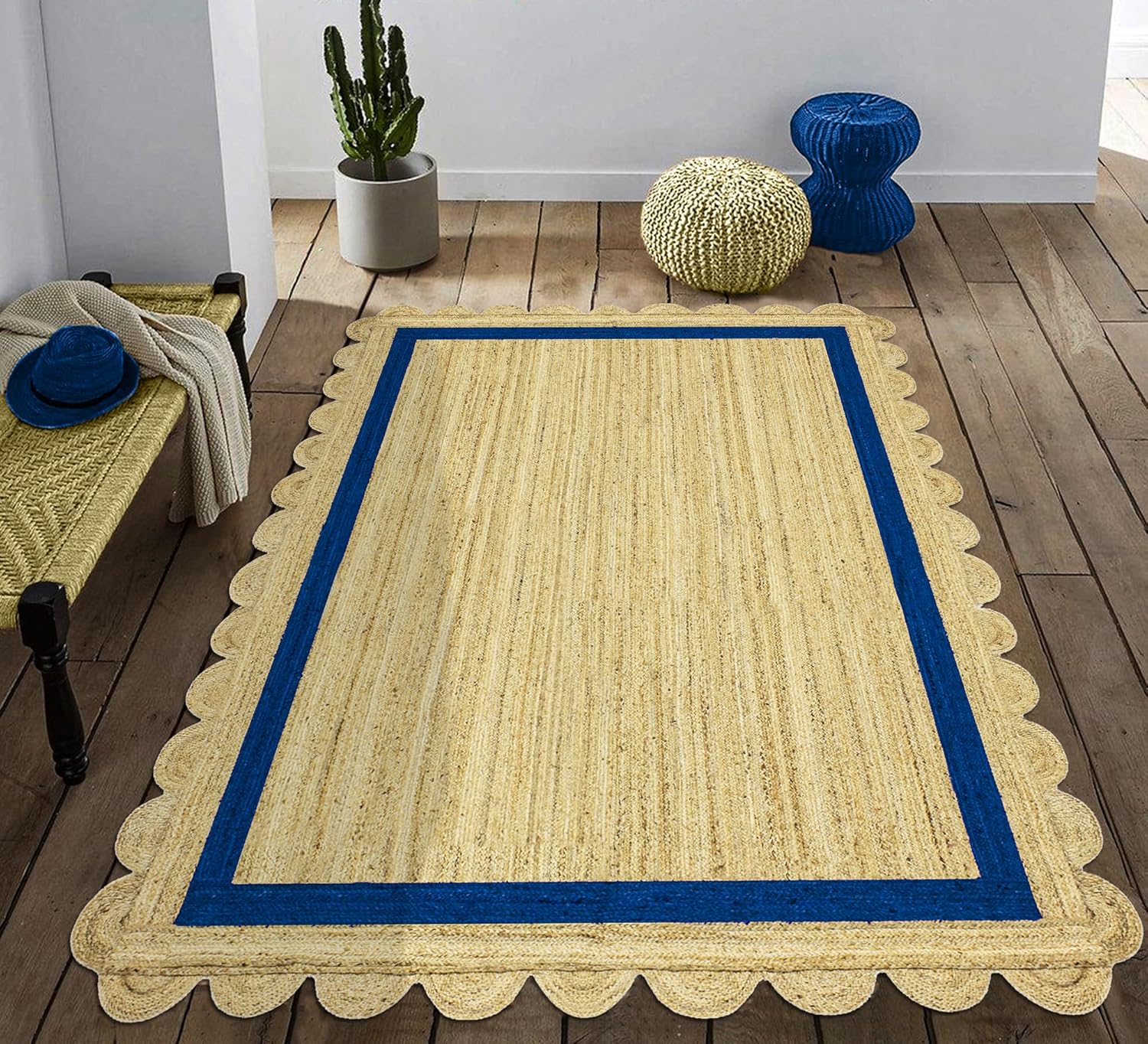 Handmade Scalloped Border Jute Area Rug with Blue Border | Rectangular Natural Fiber Rug