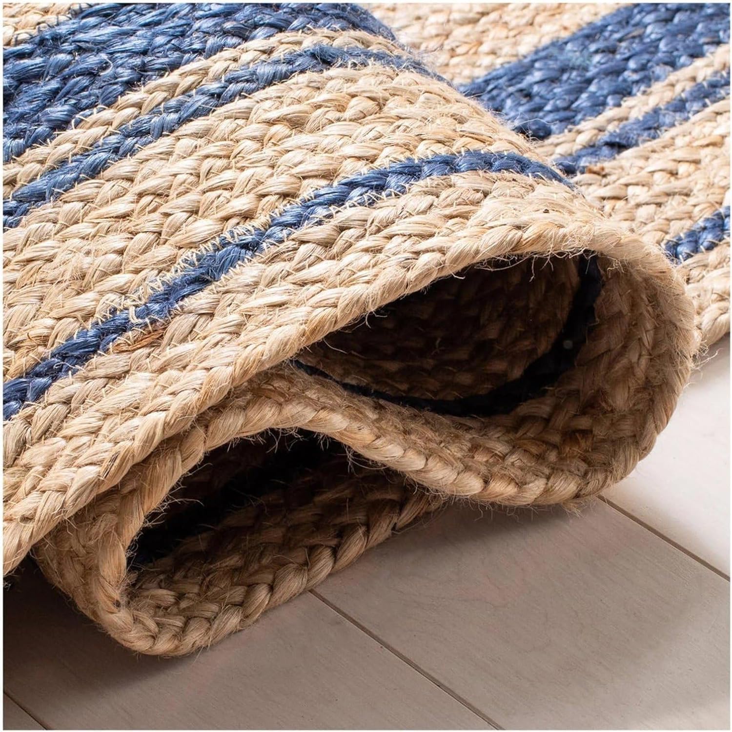 blue round rug mat blue border jute rug, natural jute rug, rectangular jute carpet, handmade area rug, boho jute rug, farmhouse rug, eco friendly carpet