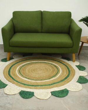 Green Whote Scalloped Round Area Rug