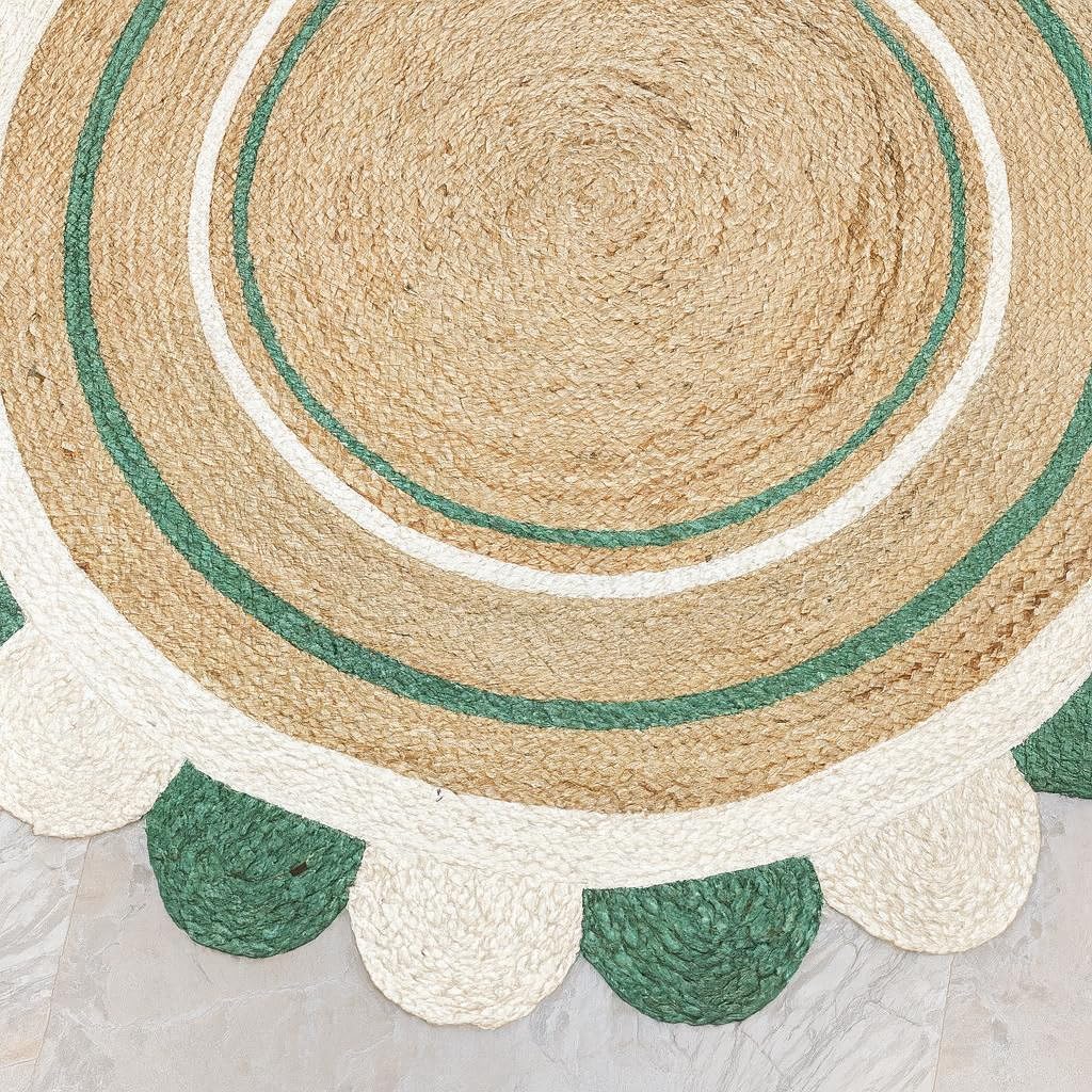 Green Whote Scalloped Round Area Rug01 Green Whote Scalloped Round Area Rug01