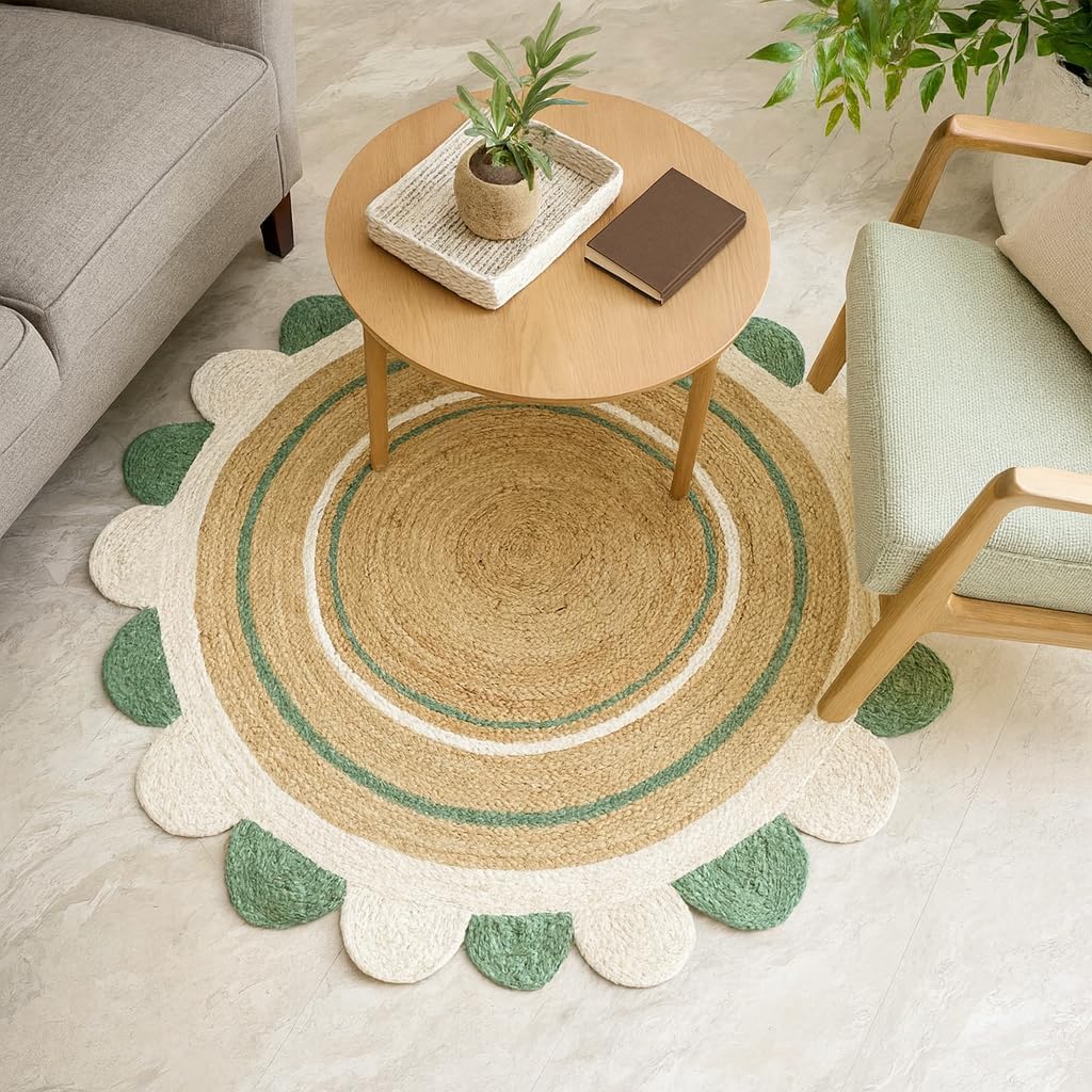 Green Whote Scalloped Round Area Rug03 Green Whote Scalloped Round Area Rug03