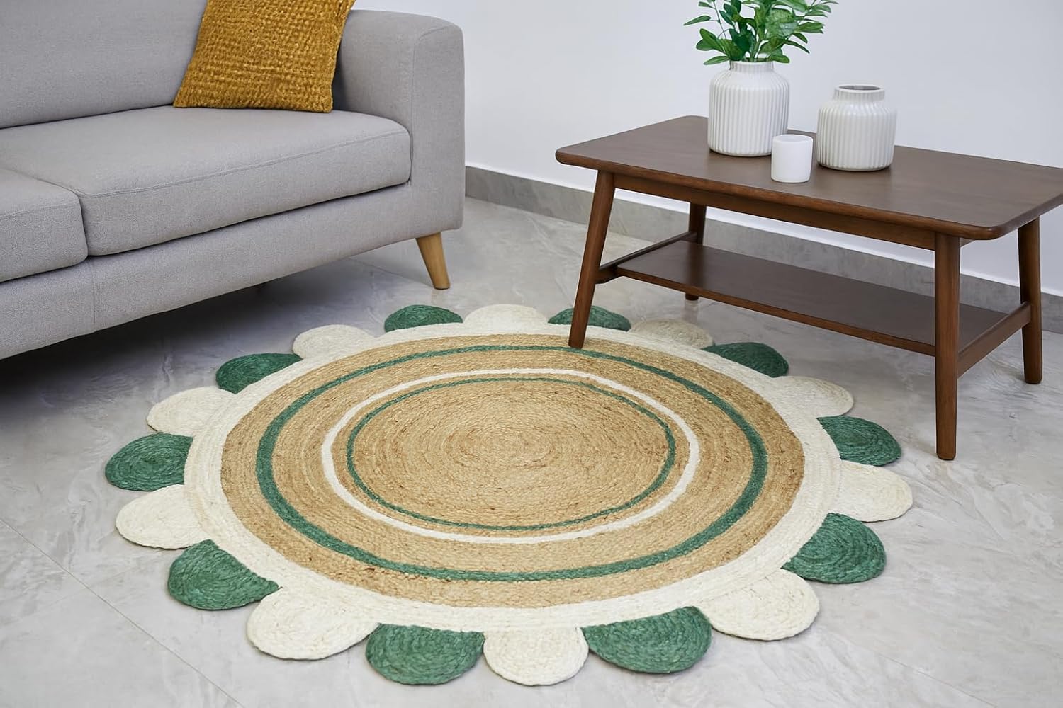 Green Whote Scalloped Round Area Rug05