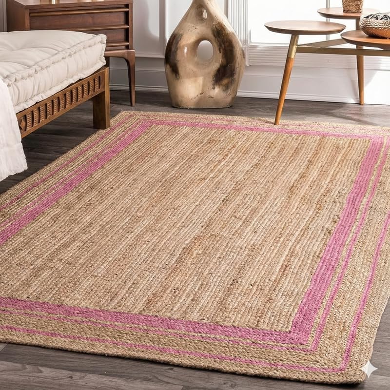 Handmade Natural Jute Rug with Pink Border | Boho Farmhouse Area Carpet