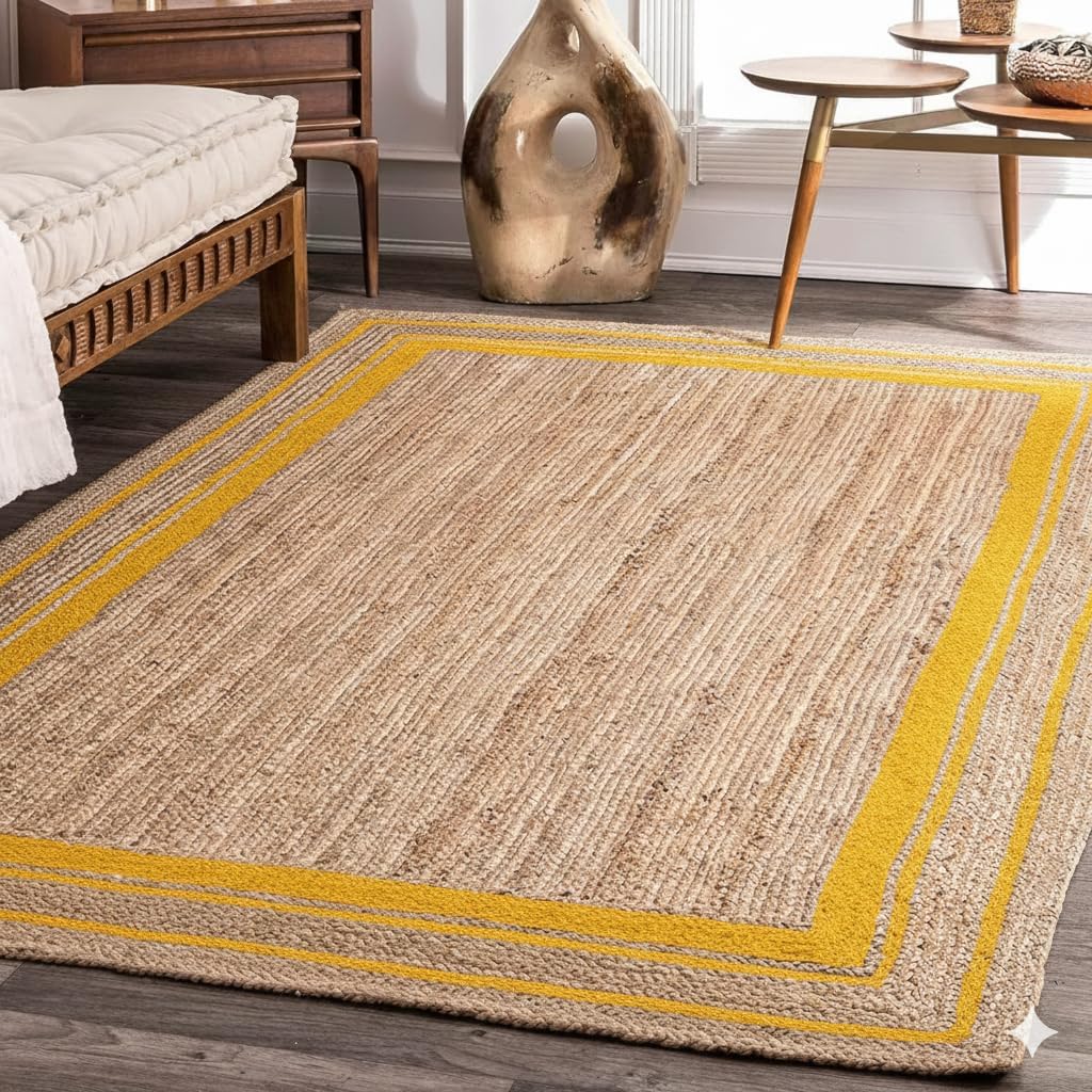 Handmade Natural Jute Rug with Yellow Border | Boho Farmhouse Area Carpet