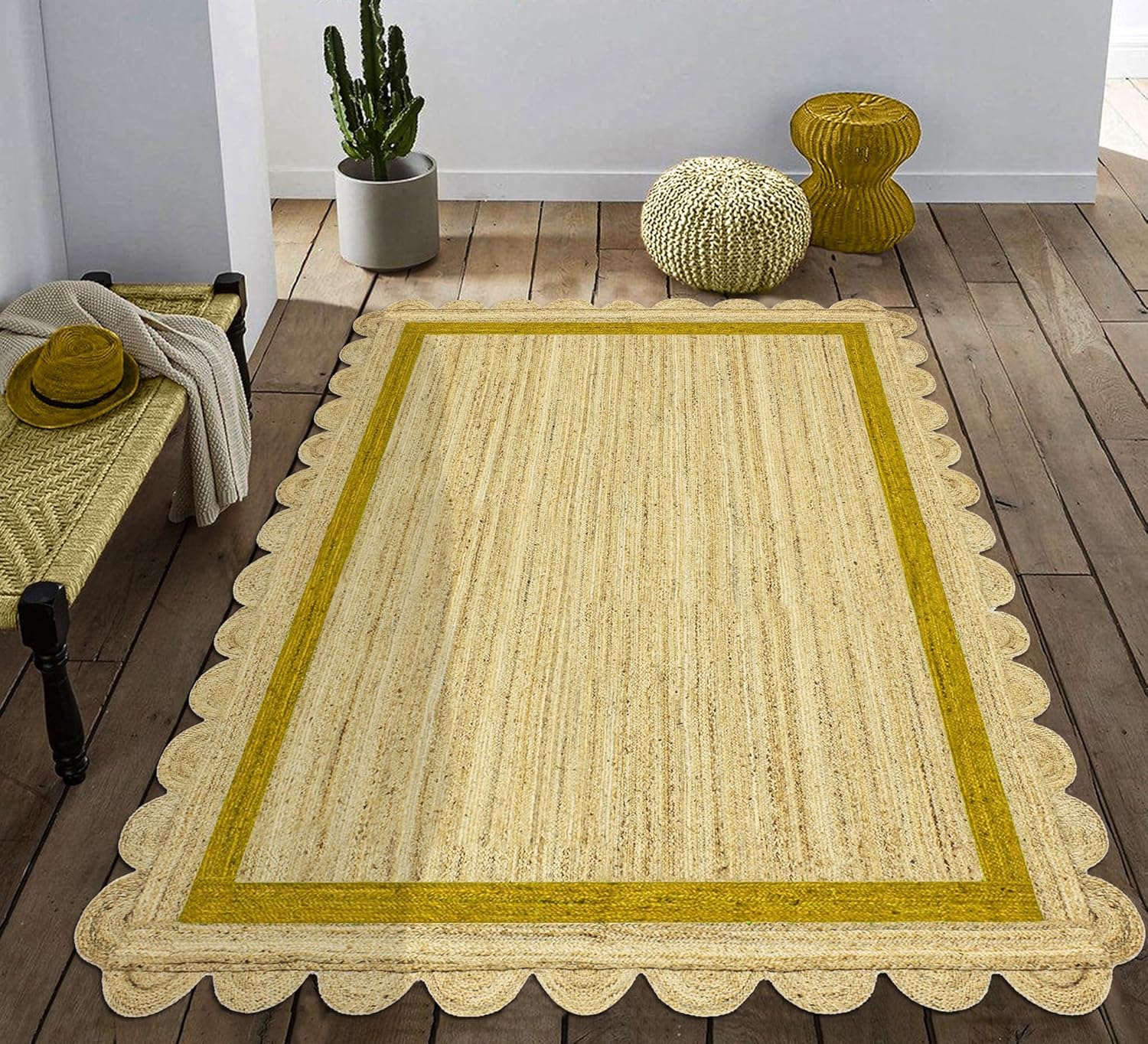 Handmade Scalloped Border Jute Area Rug with Yellow Border | Natural Rectangular Rug for Living Room Bedroom