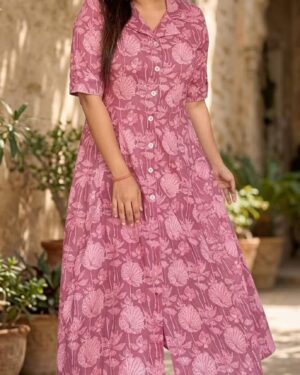 Jaipur Premium Cotton Floral Print Midi Kurti Dress for Women | Stylish Button-Down Cotton Midi Dress