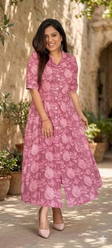 Jaipur Premium Cotton Floral Print Midi Kurti Dress for Women | Stylish Button-Down Cotton Midi Dress
