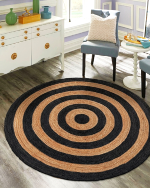 Handwoven Natural Jute Round Area Rug with Black Concentric Circle Pattern for Living Room