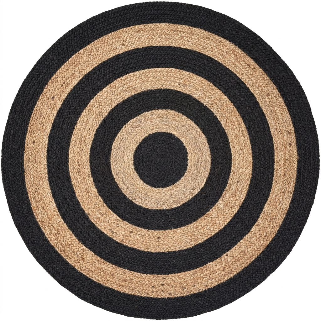 Natural Round Jute Rug with Black Circle Pattern Natural Round Jute Rug with Black Border Circles for Modern Home Decor
