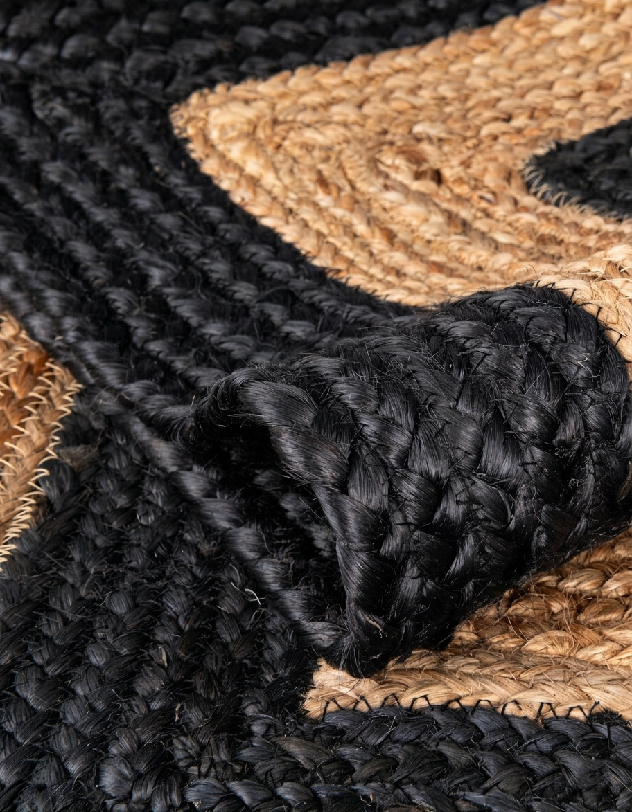 Round Braided Jute Rug Black Rings Design Round Braided Natural Jute Rug with Black Rings for Bedroom and Living Room