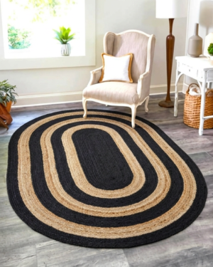 Oval Handwoven Black and Natural Jute Rug for Bedroom and Living Room