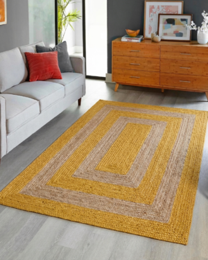 Handwoven Natural Rectangle Jute Area Rug with Yellow Border for Living Room