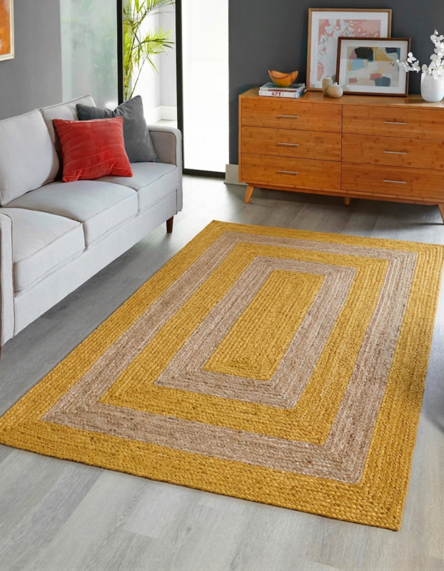 Handwoven Natural Rectangle Jute Area Rug with Yellow Border for Living Room