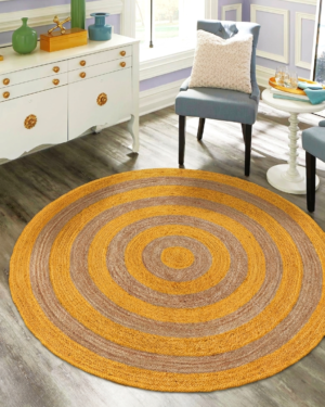 Handwoven Round Natural Jute Area Rug with Yellow Concentric Circle Pattern