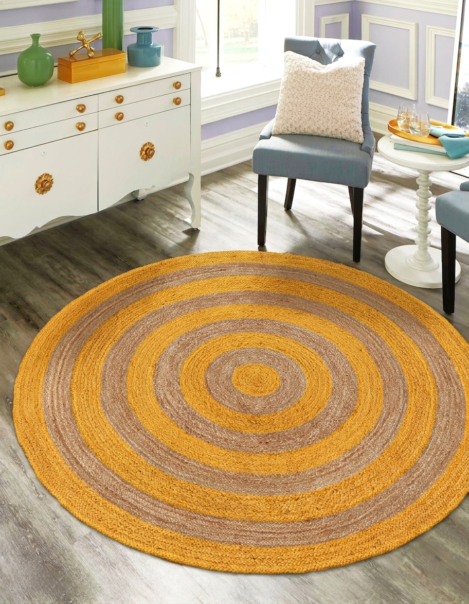 Handwoven Round Natural Jute Area Rug with Yellow Concentric Circle Pattern