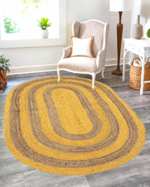 Handwoven Oval Natural Jute Area Rug with Yellow Border for Living Room