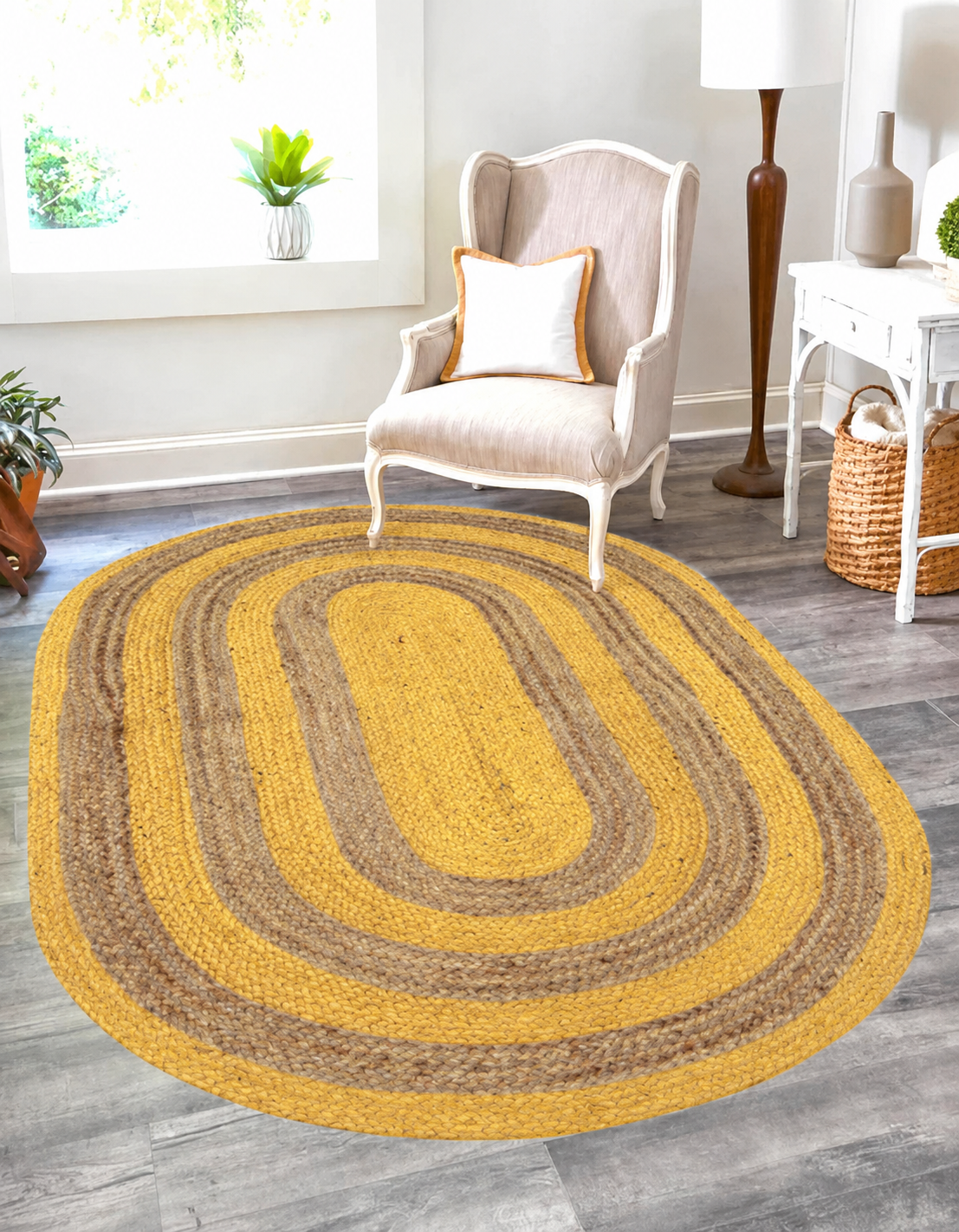 Handwoven Oval Natural Jute Area Rug with Yellow Border for Living Room