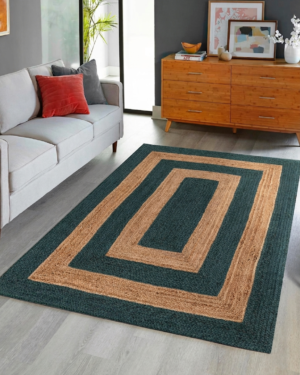 Handwoven Natural Rectangle Jute Area Rug with Green Border for Living Room