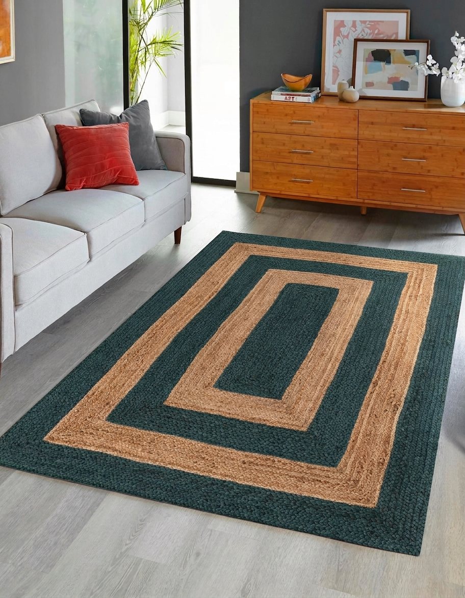 Handwoven Natural Rectangle Jute Area Rug with Green Border for Living Room