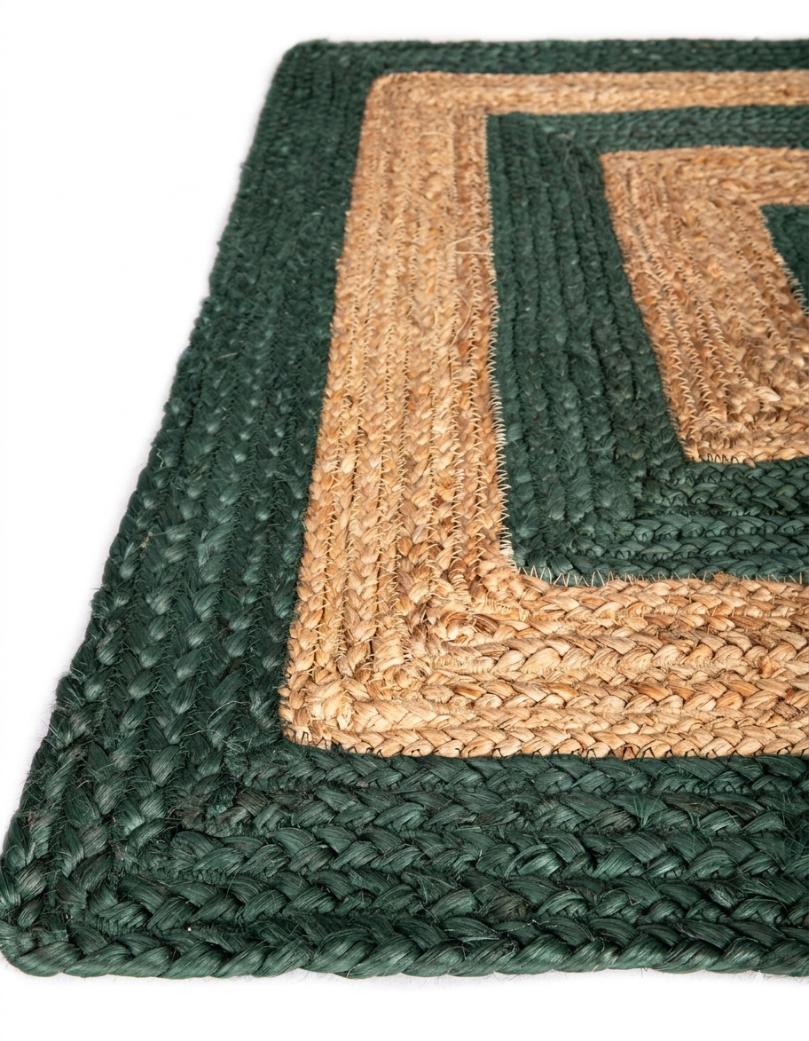 Green Border Natural Jute Area Rug Green Border Rectangle Area Rug Handmade from Natural Jute Fiber