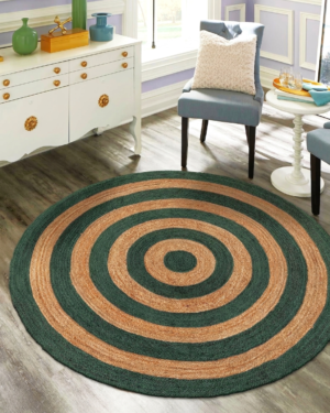 Handwoven Round Natural Jute Area Rug with Green Concentric Circle Pattern