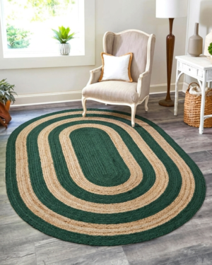 Handwoven Oval Natural Jute Area Rug with Green Border for Living Room
