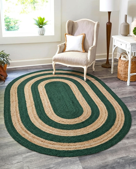 Handwoven Oval Natural Jute Area Rug with Green Border for Living Room