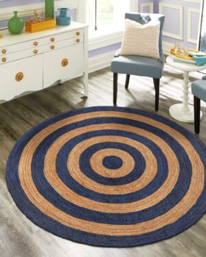 Natural Round Jute Rug with Blue Ring Design for Farmhouse Home Decor