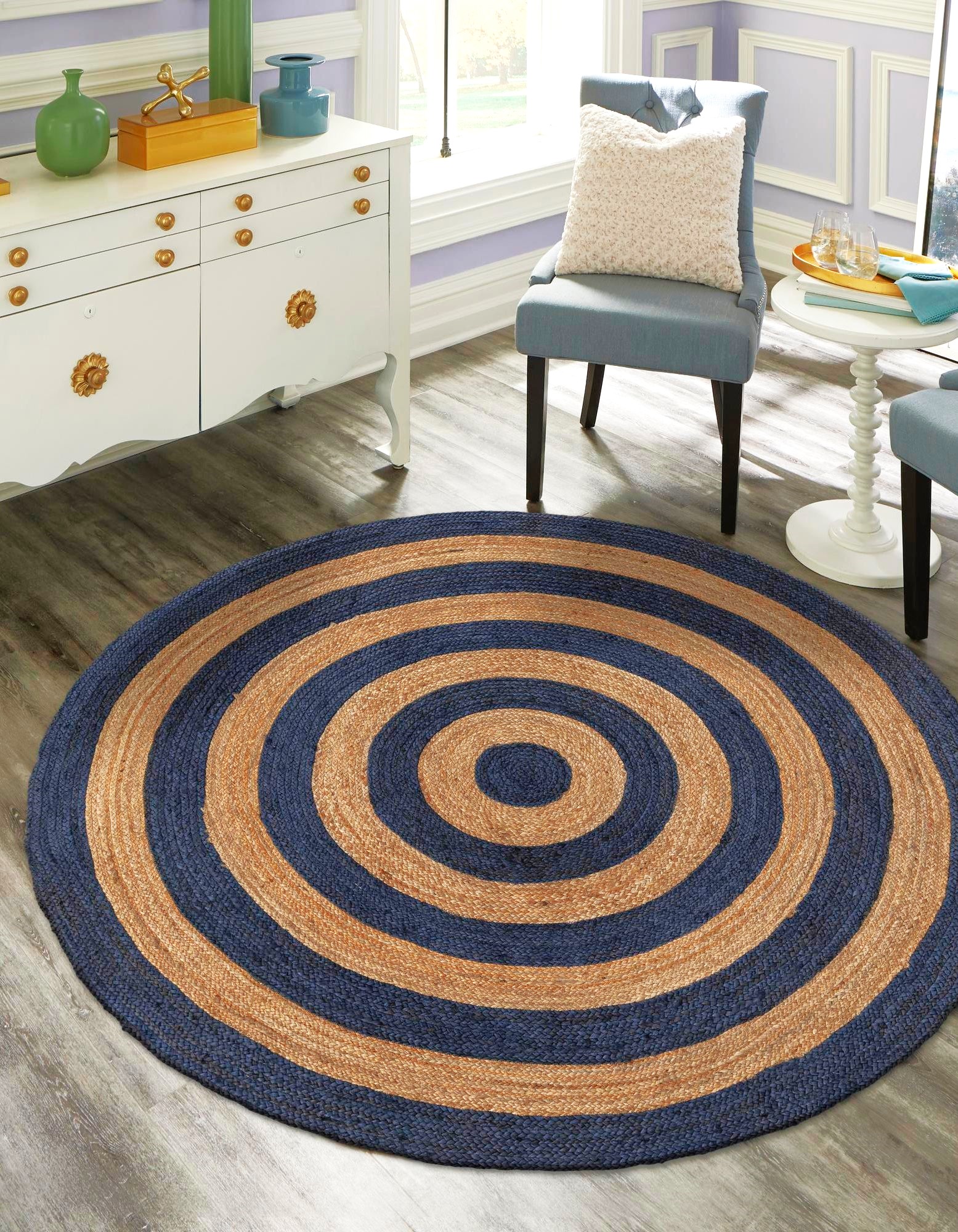 Natural Round Jute Rug with Blue Ring Design for Farmhouse Home Decor