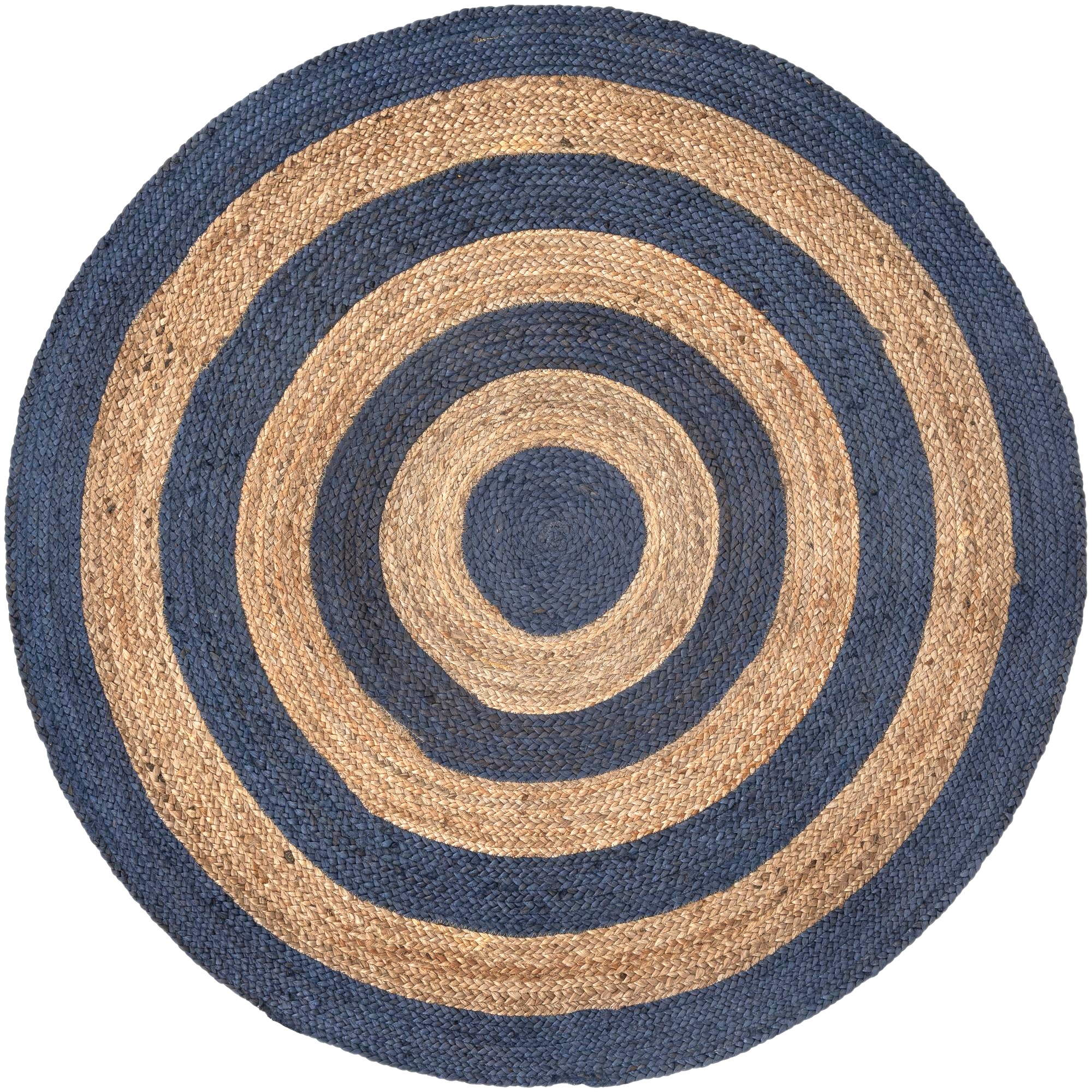 Handmade Round Jute Carpet Blue Border Handmade Round Jute Carpet with Blue Circular Border Design