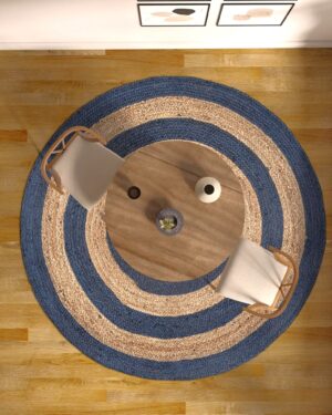 Handwoven Round Natural Jute Area Rug with Blue Concentric Circle Pattern