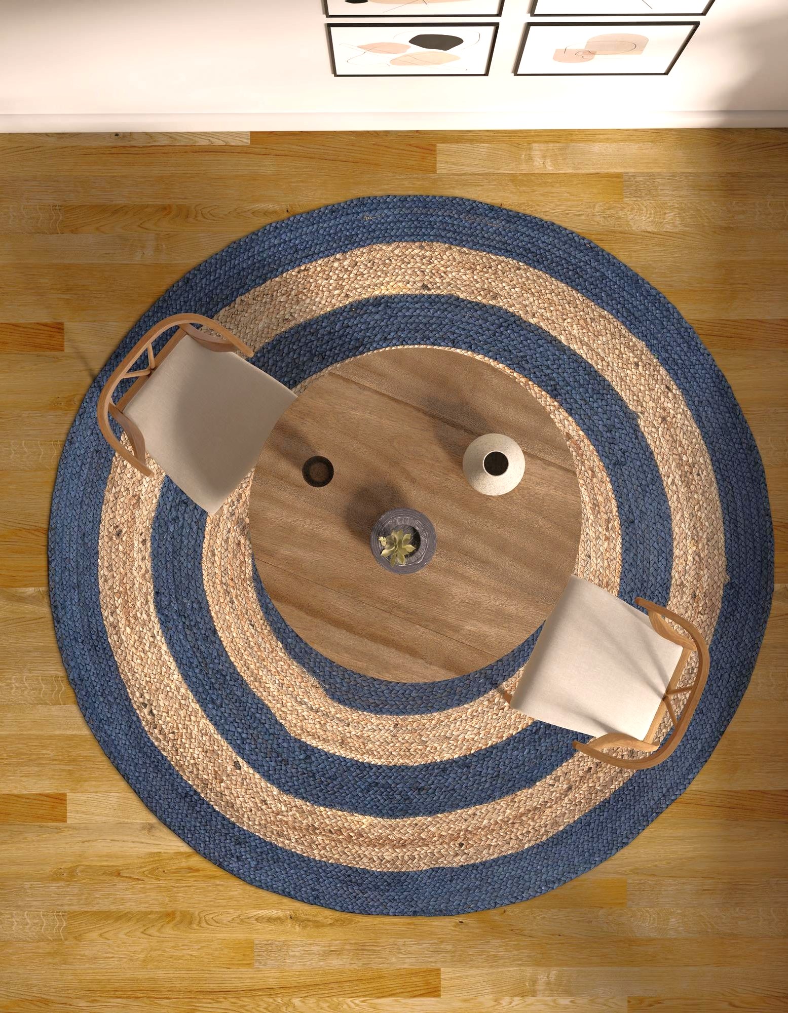 Handwoven Round Jute Rug Blue Circle Design Handwoven Round Natural Jute Area Rug with Blue Concentric Circle Pattern