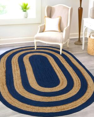 Handmade Oval Jute Carpet with Blue and Natural Border Design