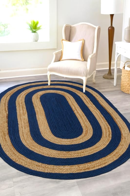 Handmade Oval Jute Carpet with Blue and Natural Border Design