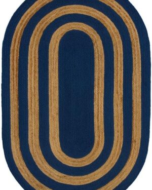 Blue and Natural Oval Braided Jute Rug for Farmhouse Home Decor