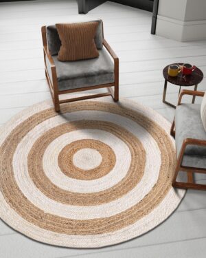 Handmade Round Jute Carpet with White Circular Border Design