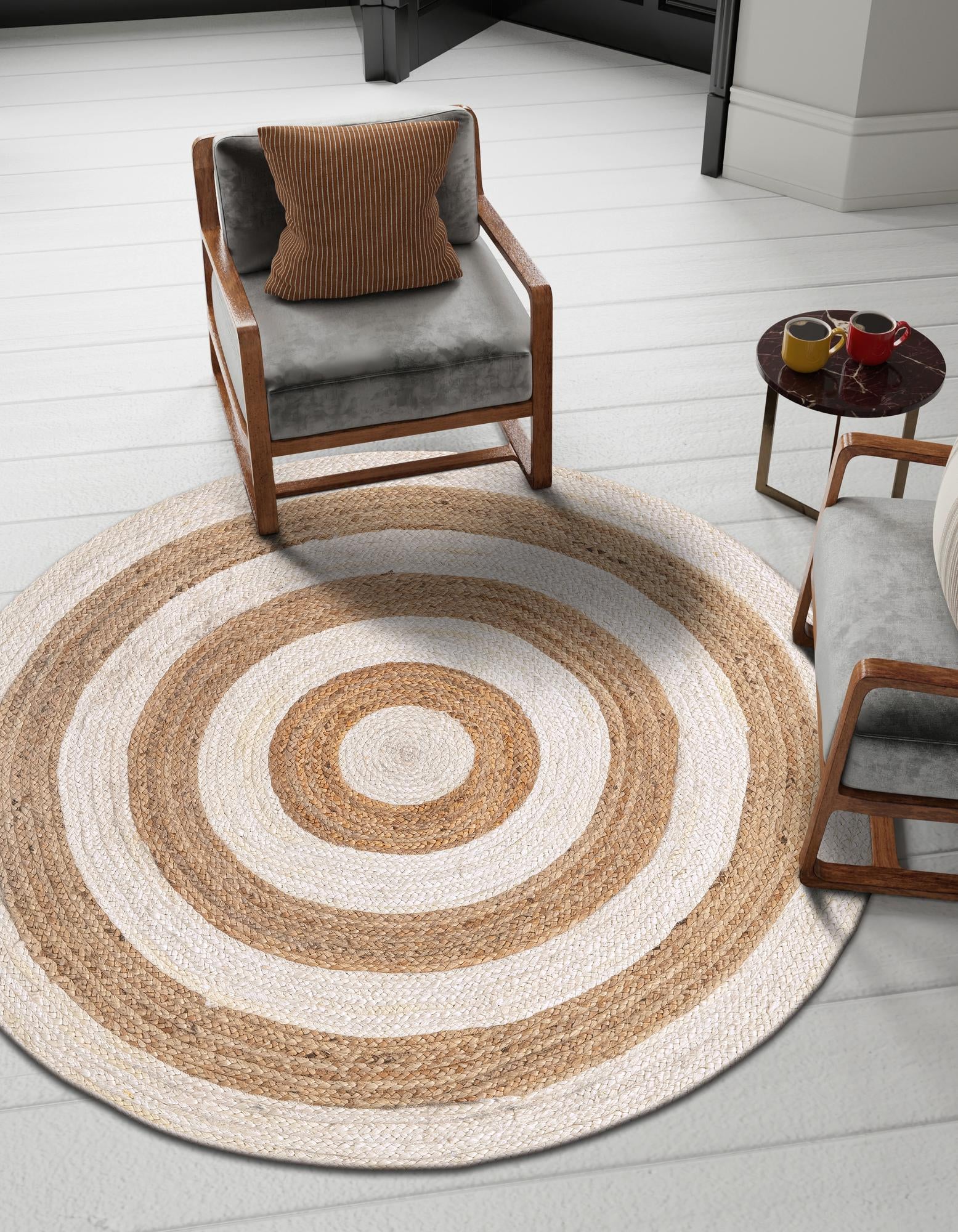 Handmade Round Jute Carpet with White Circular Border Design