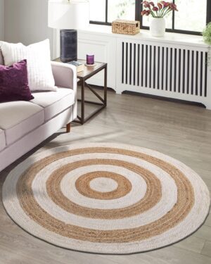 Handwoven Round Natural Jute Area Rug with White Concentric Circle Pattern