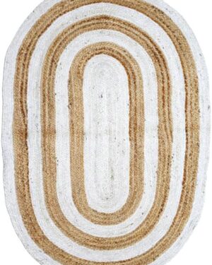 Natural Jute and White Braided Oval Area Rug Handmade Farmhouse Floor Carpet