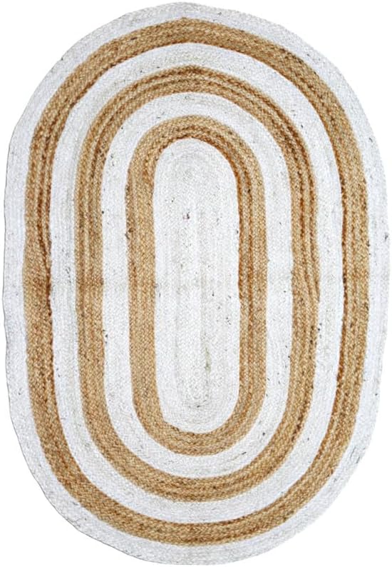 Handmade Natural Jute & White Oval Braided Area Rug Natural Jute and White Braided Oval Area Rug Handmade Farmhouse Floor Carpet